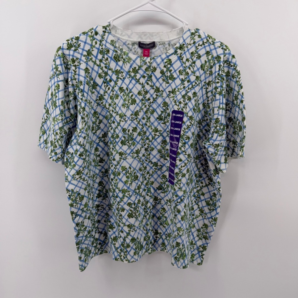 Vince Camuto Sweater Women XXL White Blue Green Floral Plaid Short Sleeve Knit